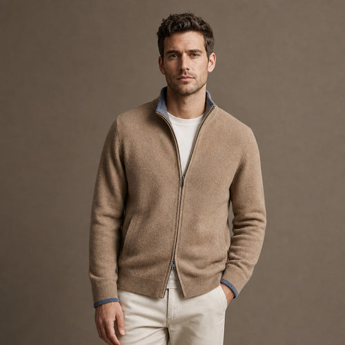Merino Zip Jacket Ribbed Collar Relaxed Fit in Camel – Enzaco Premium Menswear