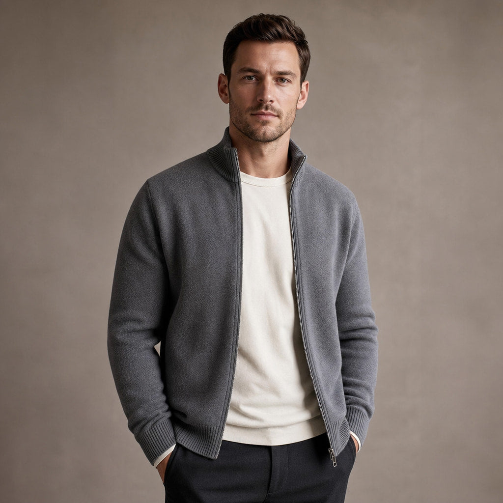 Merino Zip Jacket Ribbed Collar Relaxed Fit Gray – Product Photo