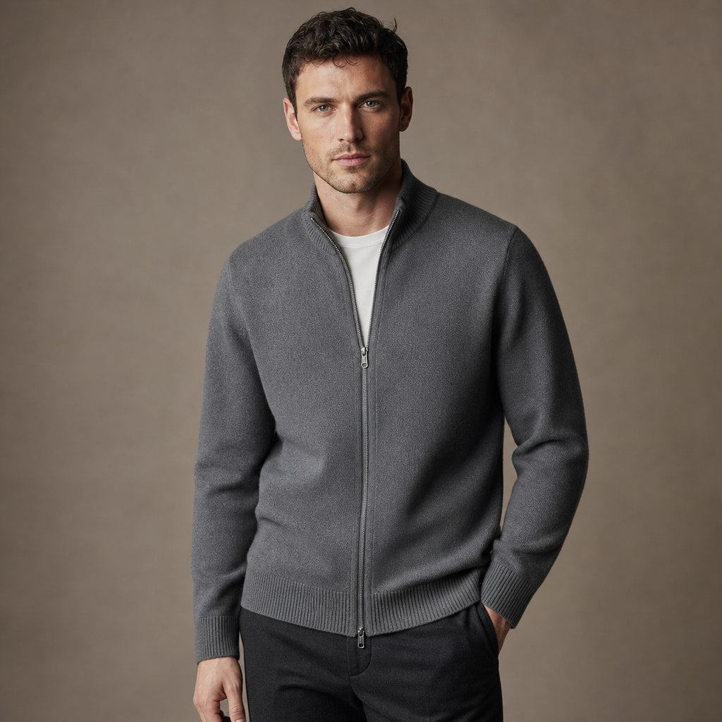 Merino Zip Jacket Ribbed Collar Relaxed Fit in Gray – Enzaco Premium Menswear