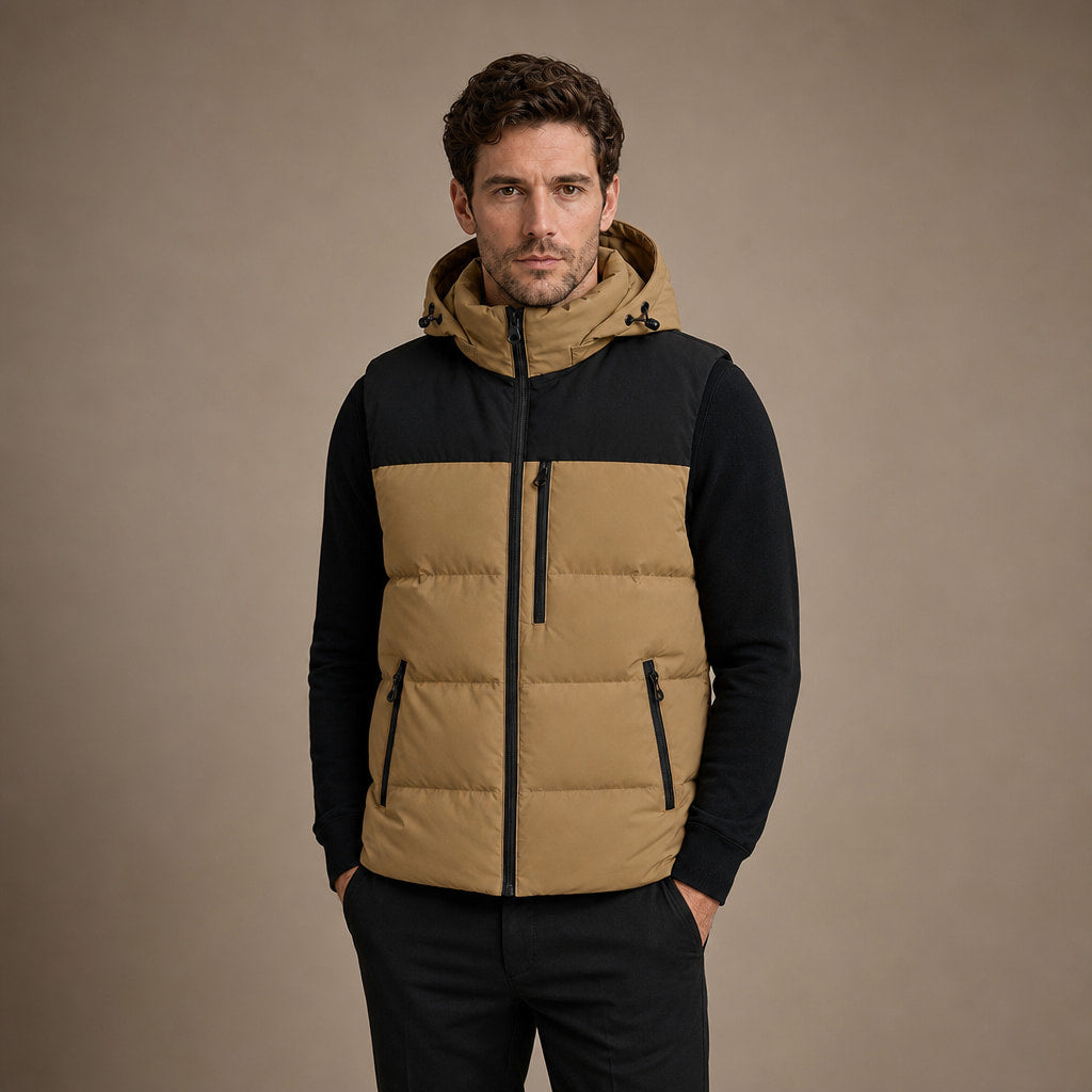 Long Puffer Vest Hooded Windproof Zip-Up in Brown – Enzaco Premium Menswear