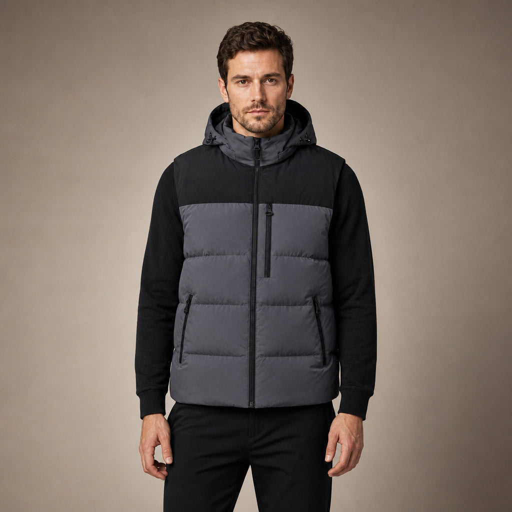 Long Puffer Vest Hooded Windproof Zip-Up in Dark Gray – Enzaco Premium Menswear