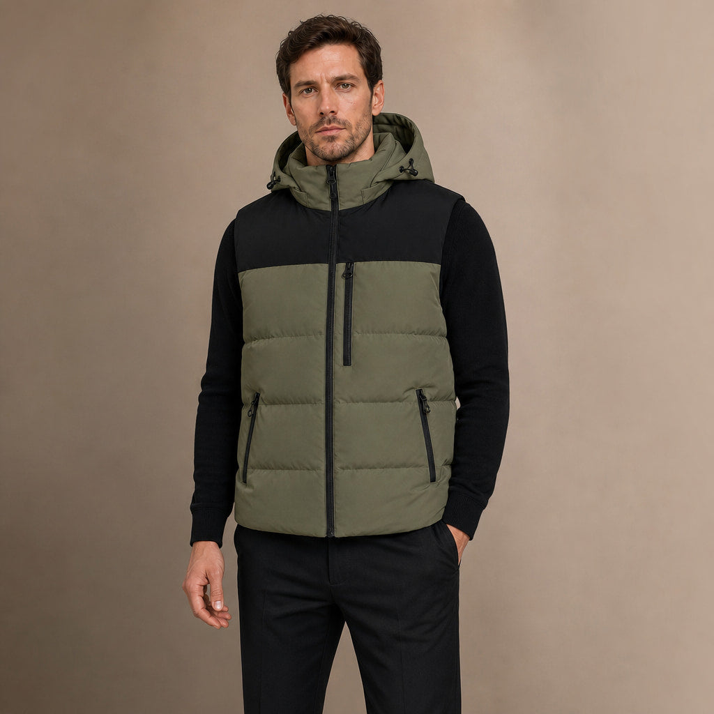 Long Puffer Vest Hooded Windproof Zip-Up in Green – Enzaco Premium Menswear