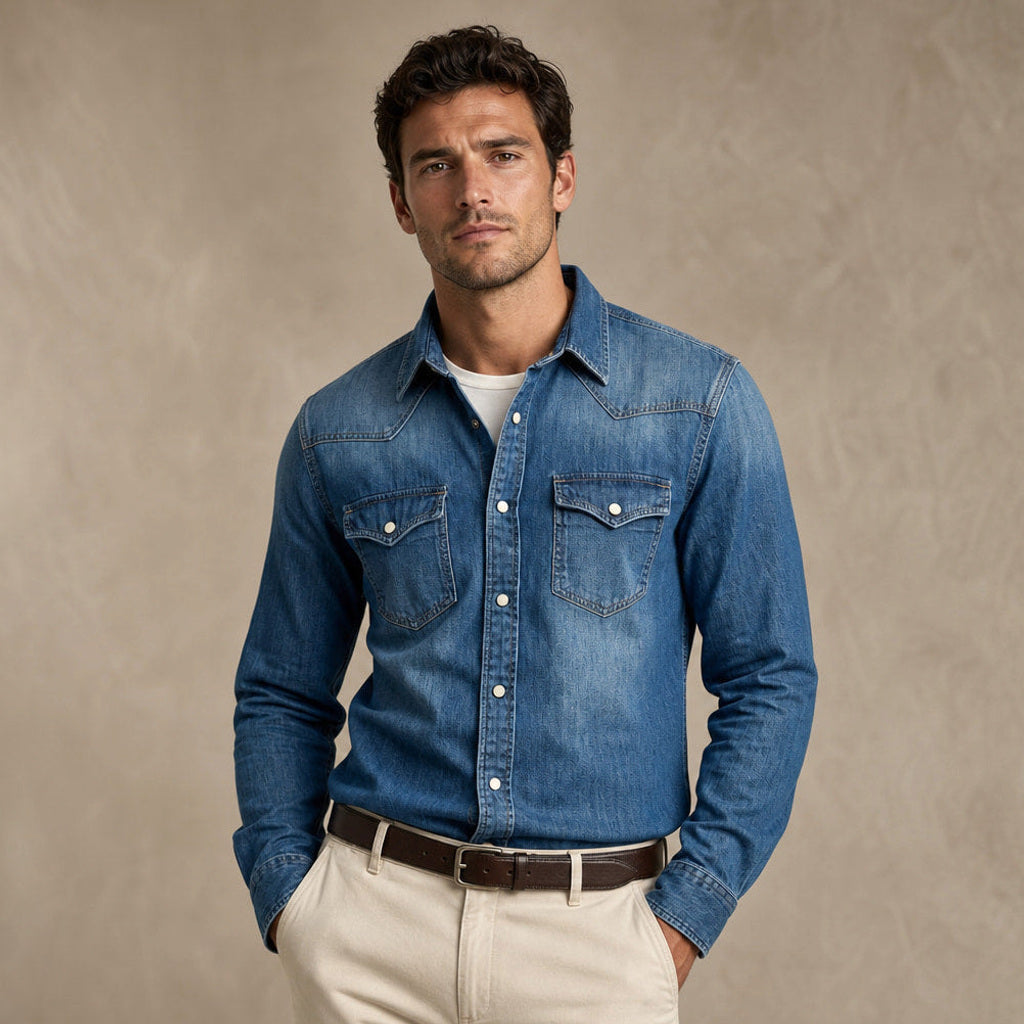 Calden | Westernhemd Druckknöpfe Washed-Optik Blau – Produktfoto