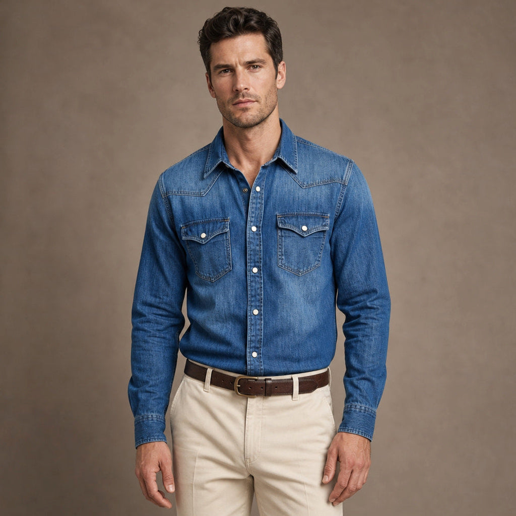 Calden | Westernhemd Druckknöpfe Washed-Optik in Blau – Premium Editorial