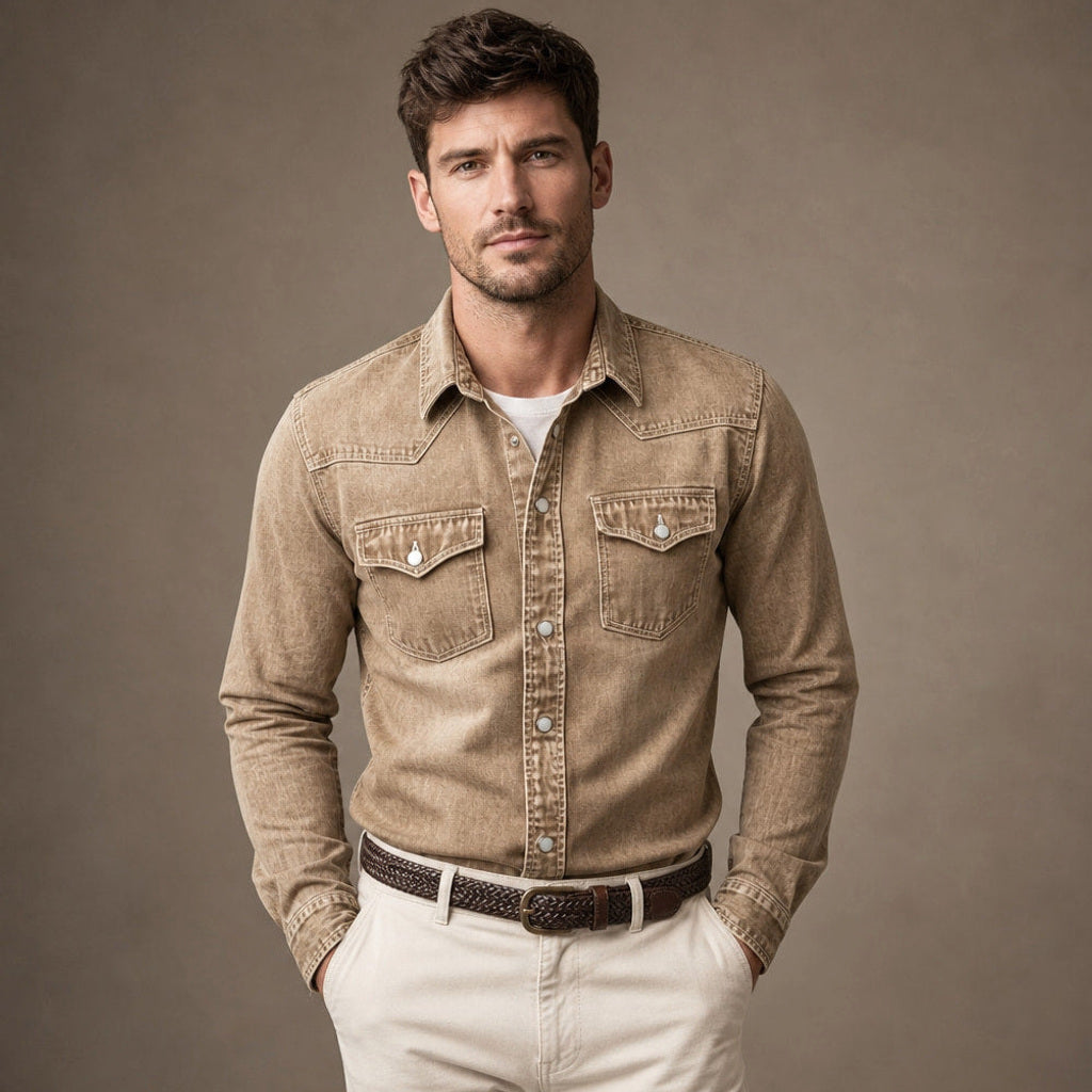 Calden | Westernhemd Druckknöpfe Washed-Optik Braun – Produktfoto