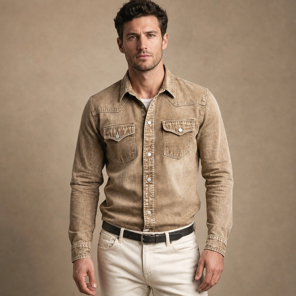 Calden | Westernhemd Druckknöpfe Washed-Optik in Braun – Premium Editorial