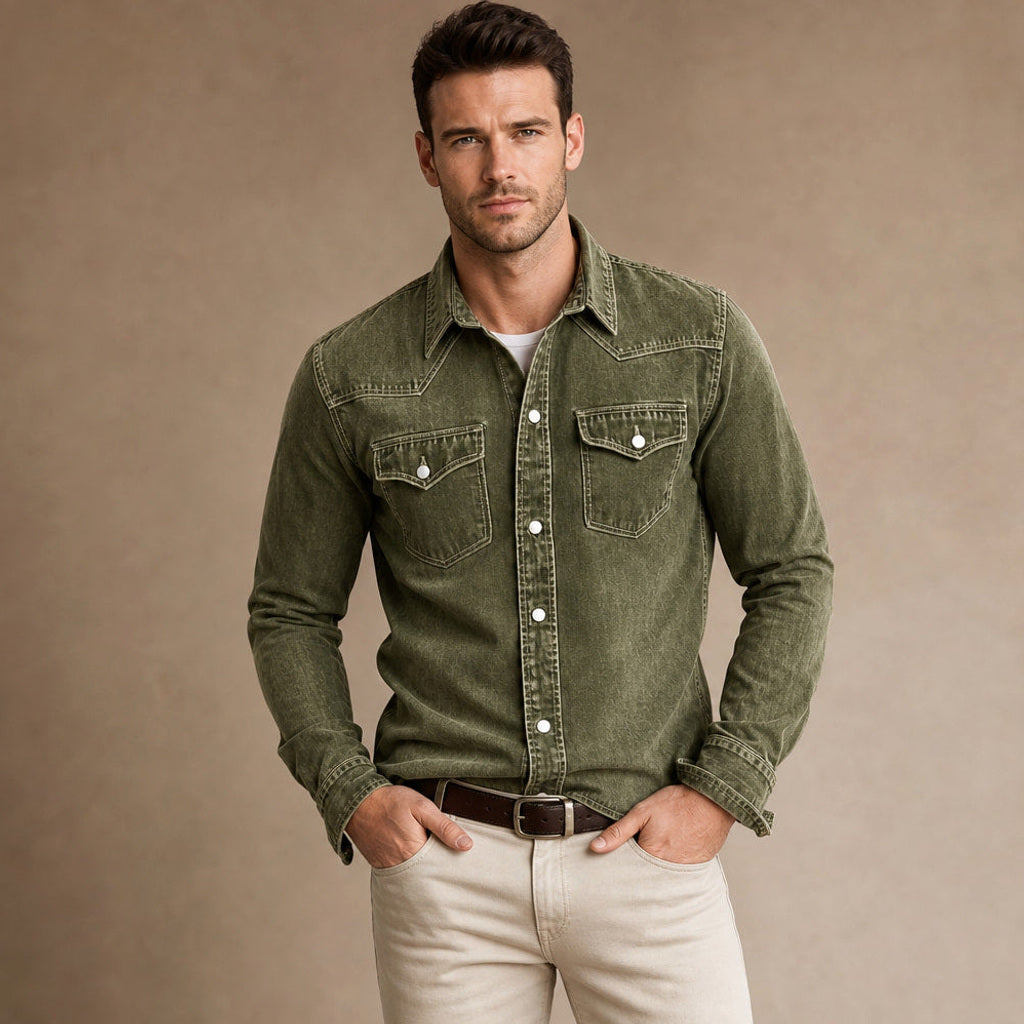 Calden | Westernhemd Druckknöpfe Washed-Optik Grün – Produktfoto