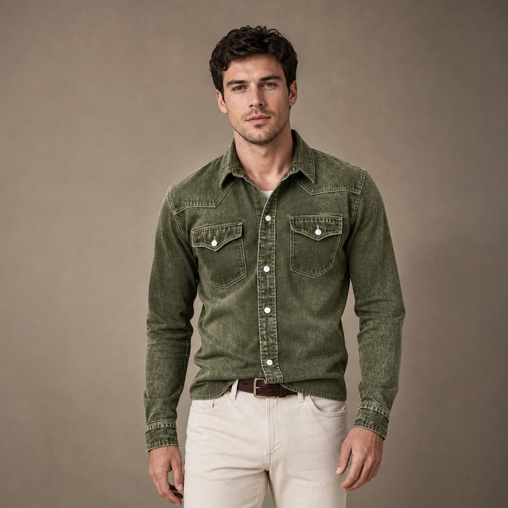 Calden | Westernhemd Druckknöpfe Washed-Optik in Grün – Premium Editorial