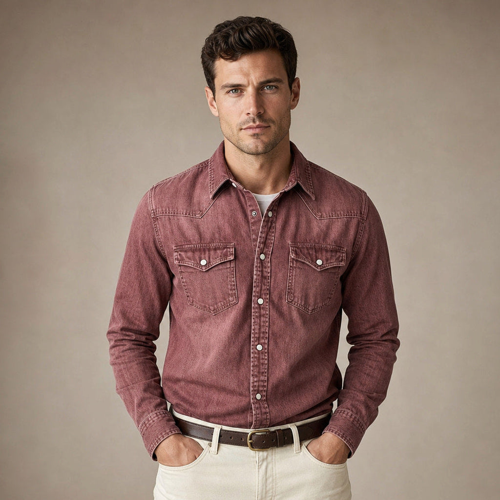 Calden | Westernhemd Druckknöpfe Washed-Optik Rot – Produktfoto