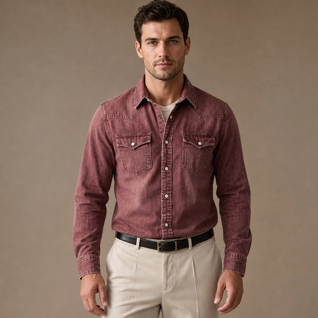 Calden | Westernhemd Druckknöpfe Washed-Optik in Rot – Premium Editorial