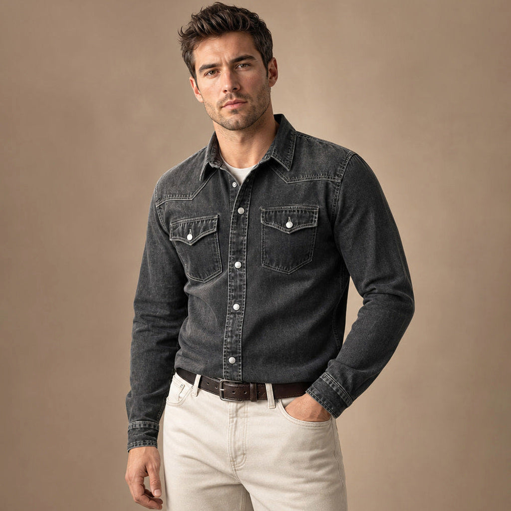 Calden | Westernhemd Druckknöpfe Washed-Optik Schwarz – Seitenansicht