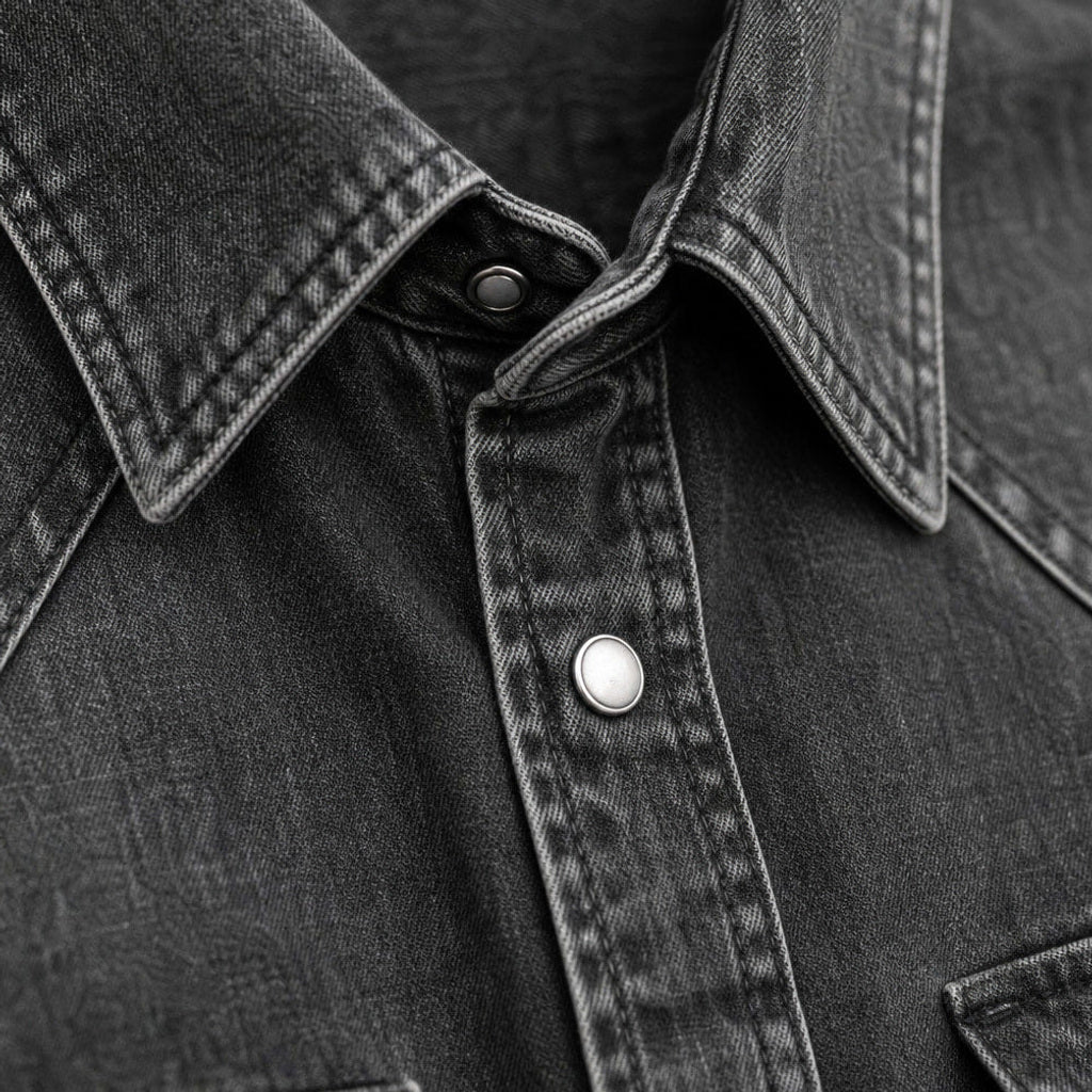 Calden | Westernhemd Druckknöpfe Washed-Optik Schwarz – Stoff- und Detailaufnahme