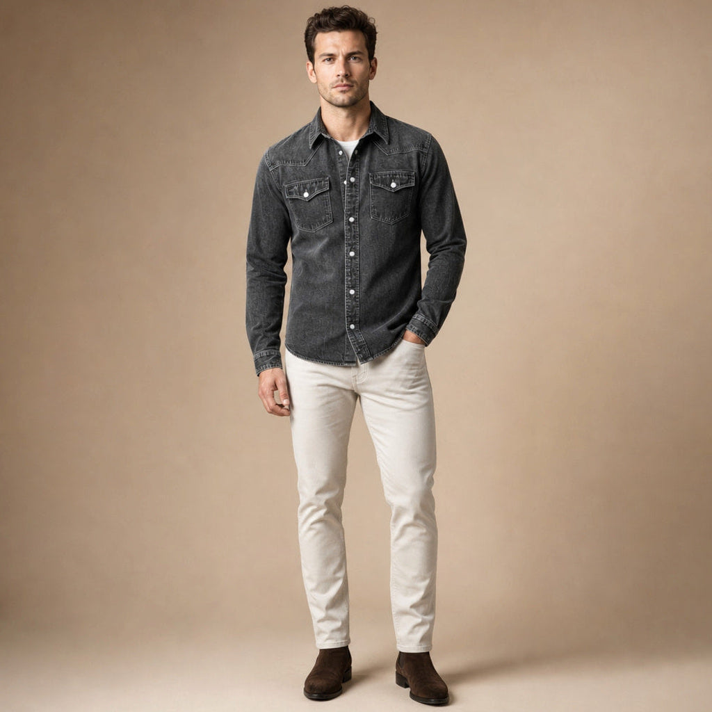 Calden | Westernhemd Druckknöpfe Washed-Optik Schwarz – Gesamtlook