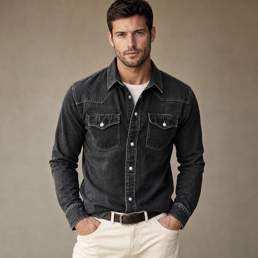 Calden | Westernhemd Druckknöpfe Washed-Optik Schwarz – Produktfoto