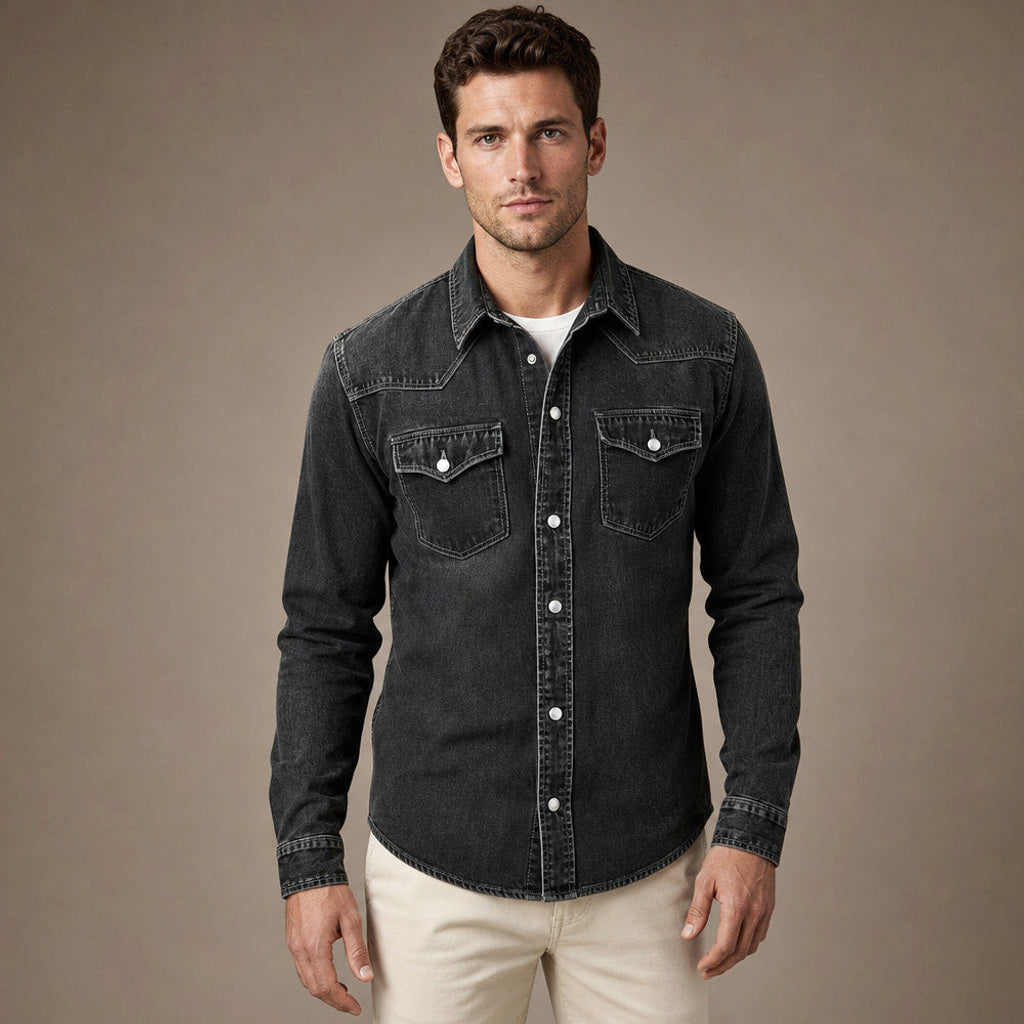 Calden | Westernhemd Druckknöpfe Washed-Optik in Schwarz – Premium Editorial