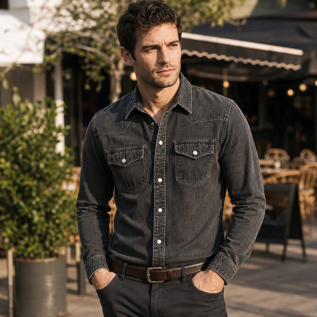 Calden | Westernhemd Druckknöpfe Washed-Optik Schwarz – Gestyltes Editorial-Foto