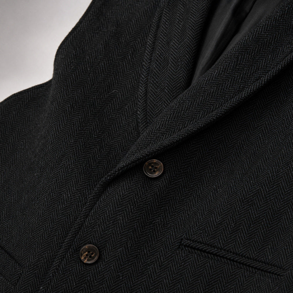 Bartox | Weste Fischgrat-Tweed Schwarz – Stoff- und Detailaufnahme