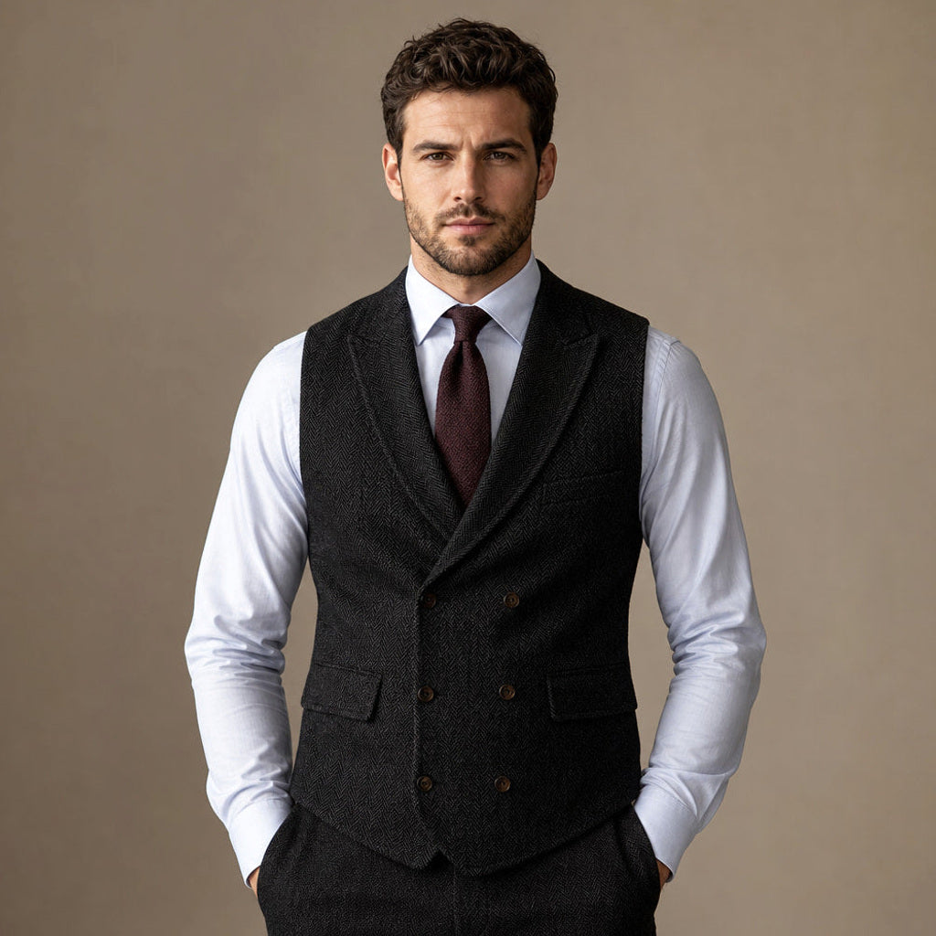 Bartox | Weste Fischgrat-Tweed Schwarz – Gesamtlook