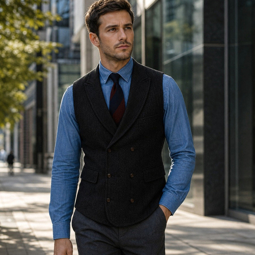 Bartox | Weste Fischgrat-Tweed Schwarz – Gestyltes Editorial-Foto