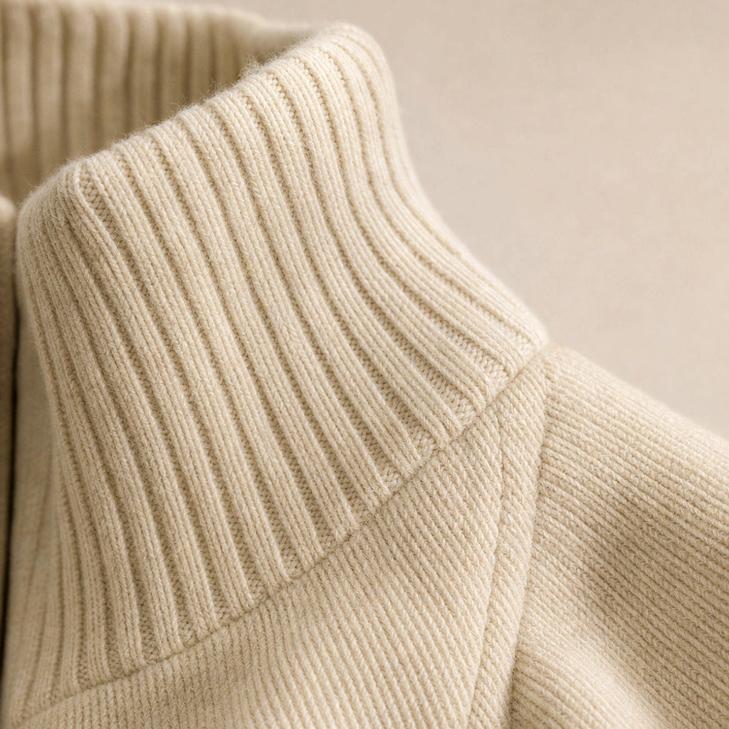 Barven | Strickanzug Stehkragen Beige Beige – Stoff- und Detailaufnahme