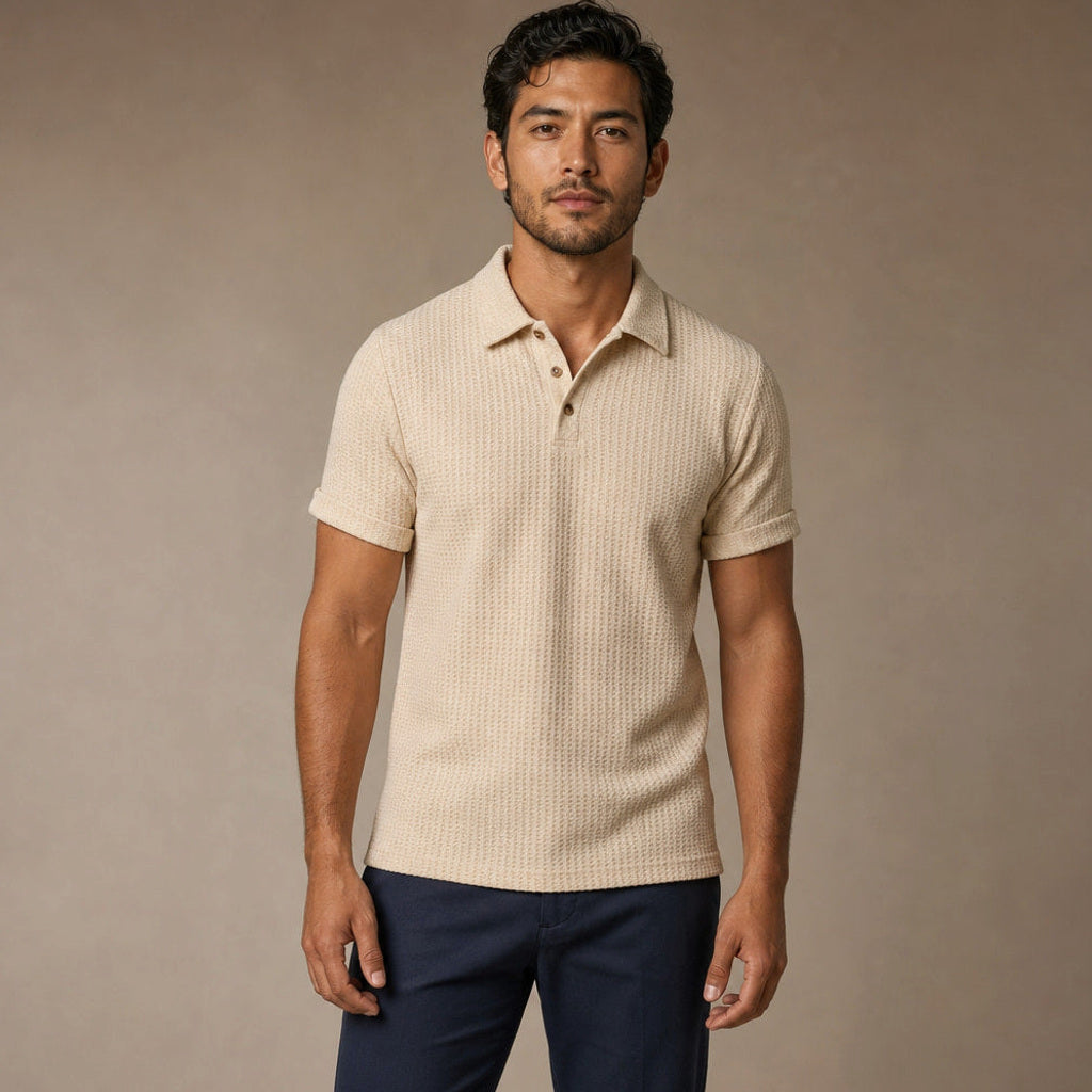 Baxon | Poloshirt Strukturstrick Regular Fit in Beige – Premium Editorial