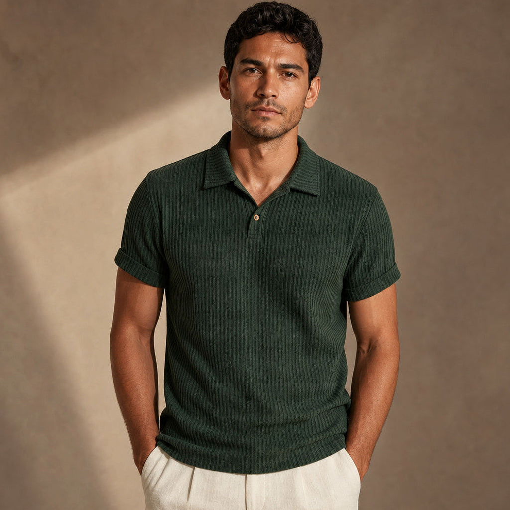Baxon | Poloshirt Strukturstrick Regular Fit Dunkelgrün – Produktfoto