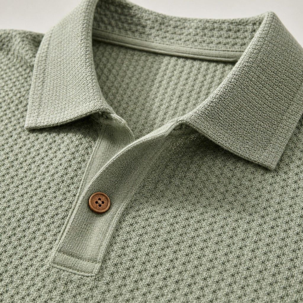 Baxon | Poloshirt Strukturstrick Regular Fit Grün – Stoff- und Detailaufnahme