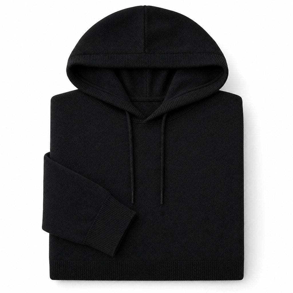 Drawstring Hoodie Fine Knit Relaxed Fit Black – Product Photo