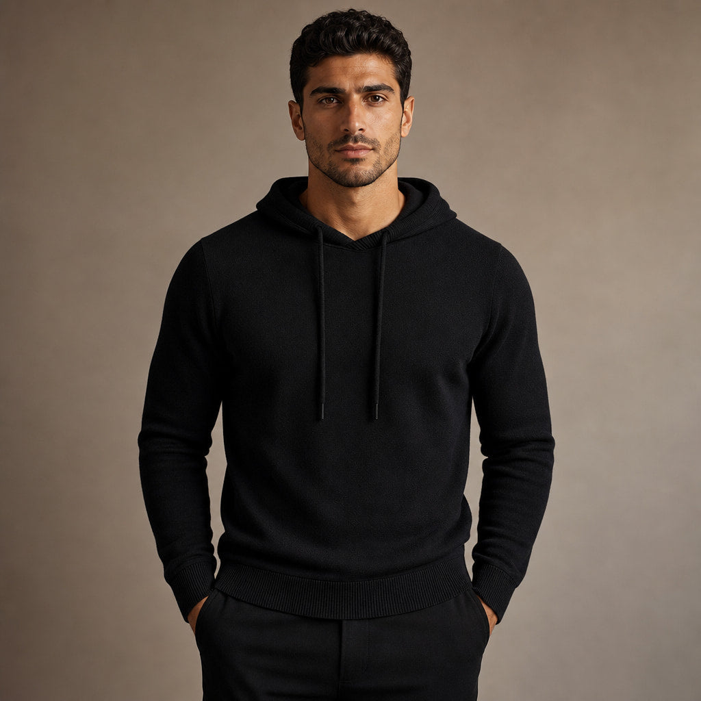 Drawstring Hoodie Fine Knit Relaxed Fit in Black – Enzaco Premium Menswear