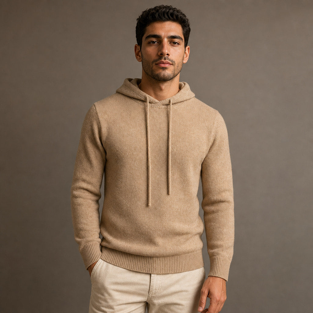 Drawstring Hoodie Fine Knit Relaxed Fit in Khaki – Enzaco Premium Menswear