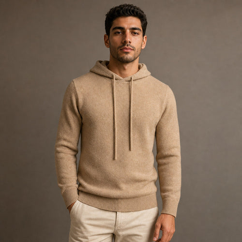 Drawstring Hoodie Fine Knit Relaxed Fit in Khaki – Enzaco Premium Menswear