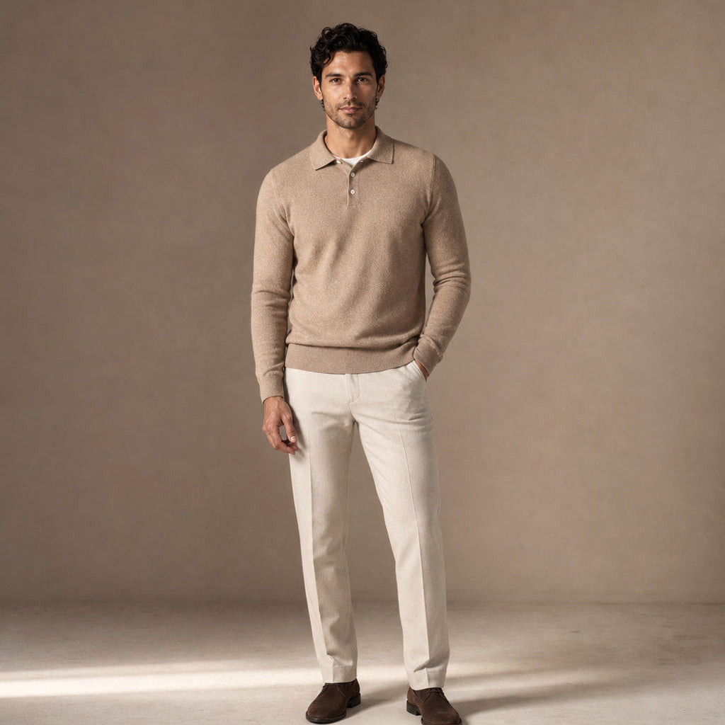 Belkon | Strickpoloshirt Knopfleiste Khaki – Gesamtlook