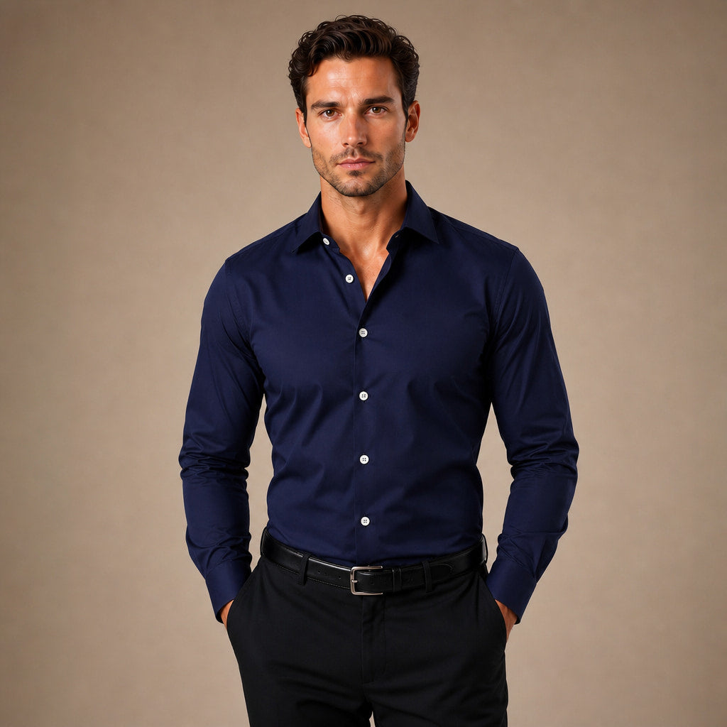 Dress Shirts Slim Fit Long Sleeve Formal Navy – Product Photo