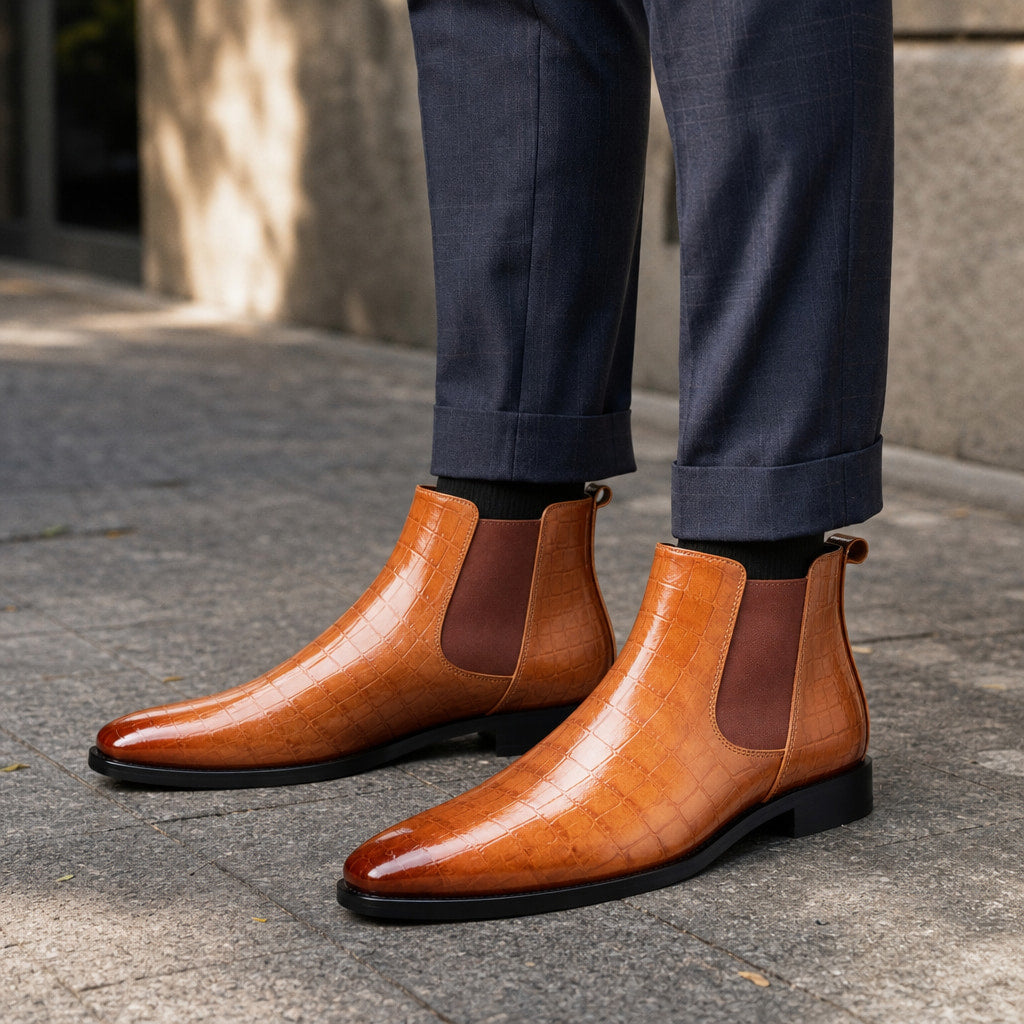 Chelsea Boot Croc Embossed Leather in Cognac Brown – Enzaco Premium Menswear