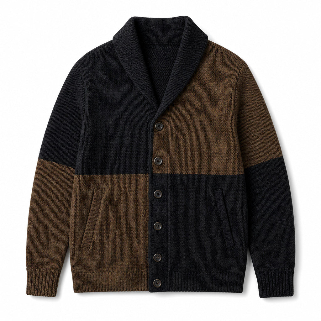 Cardigan Shawl Collar Button-Front Knit Black/Brown – Product Photo
