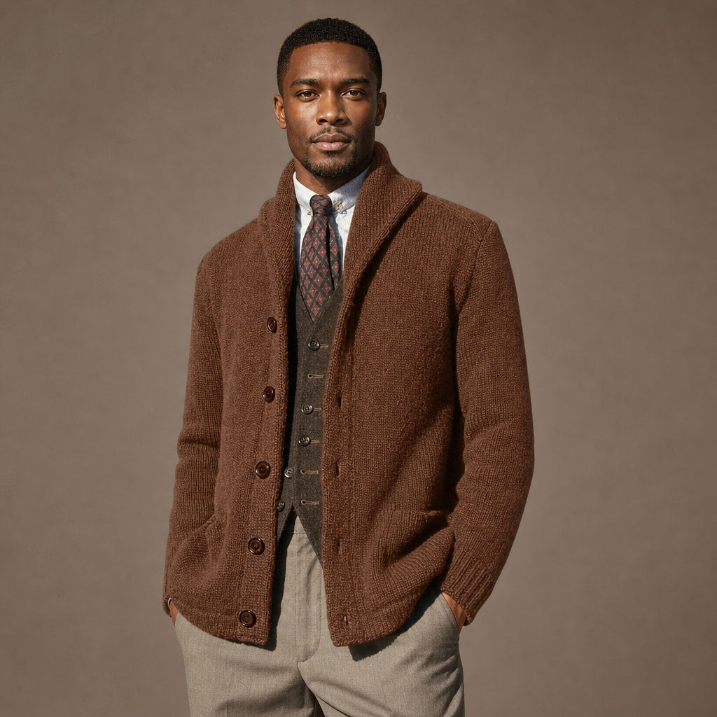 Cardigan Shawl Collar Button-Front Knit Brown – Side Angle View