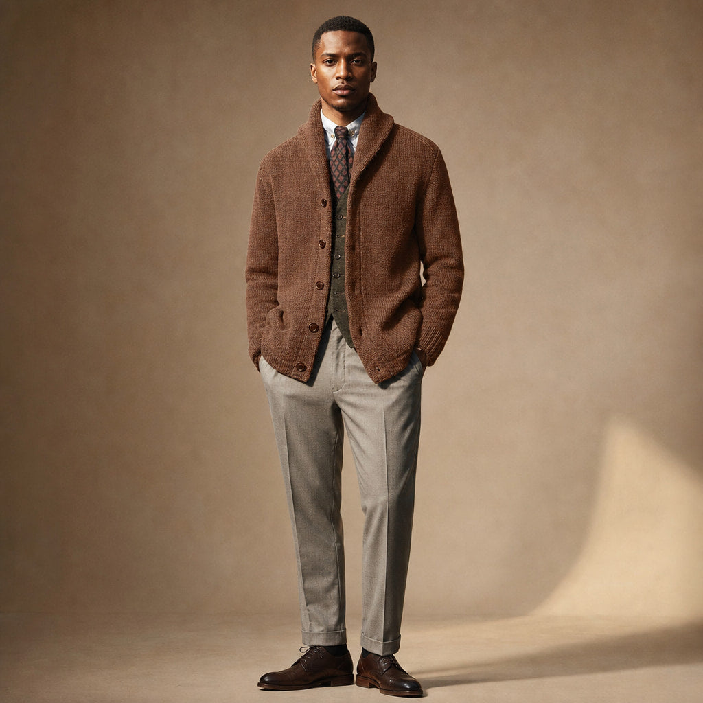 Cardigan Shawl Collar Button-Front Knit Brown – Full Look