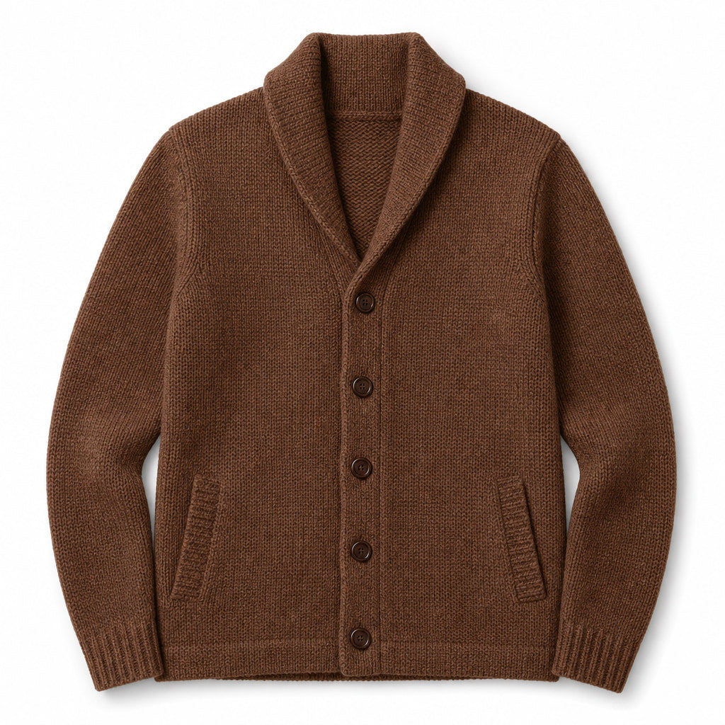 Cardigan Shawl Collar Button-Front Knit Brown – Product Photo