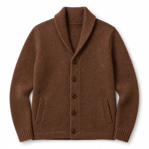 Cardigan Shawl Collar Button-Front Knit Brown – Product Photo