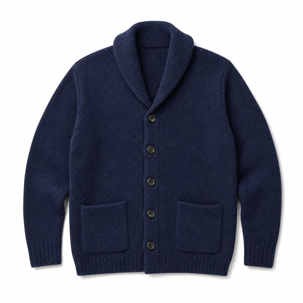 Cardigan Shawl Collar Button-Front Knit Dark Blue – Product Photo