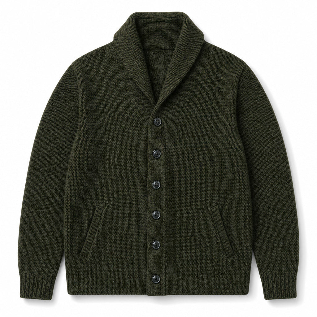 Cardigan Shawl Collar Button-Front Knit Dark Green – Product Photo