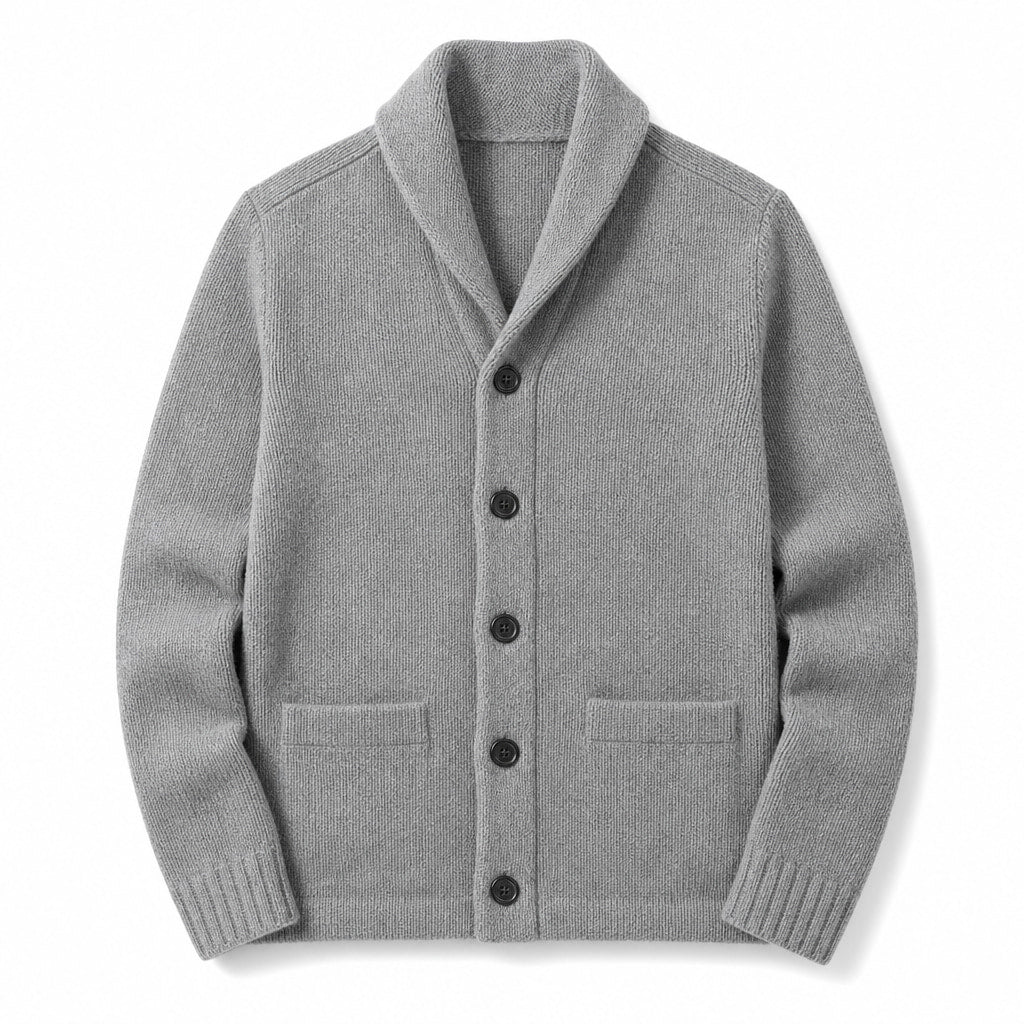 Cardigan Shawl Collar Button-Front Knit Gray – Product Photo