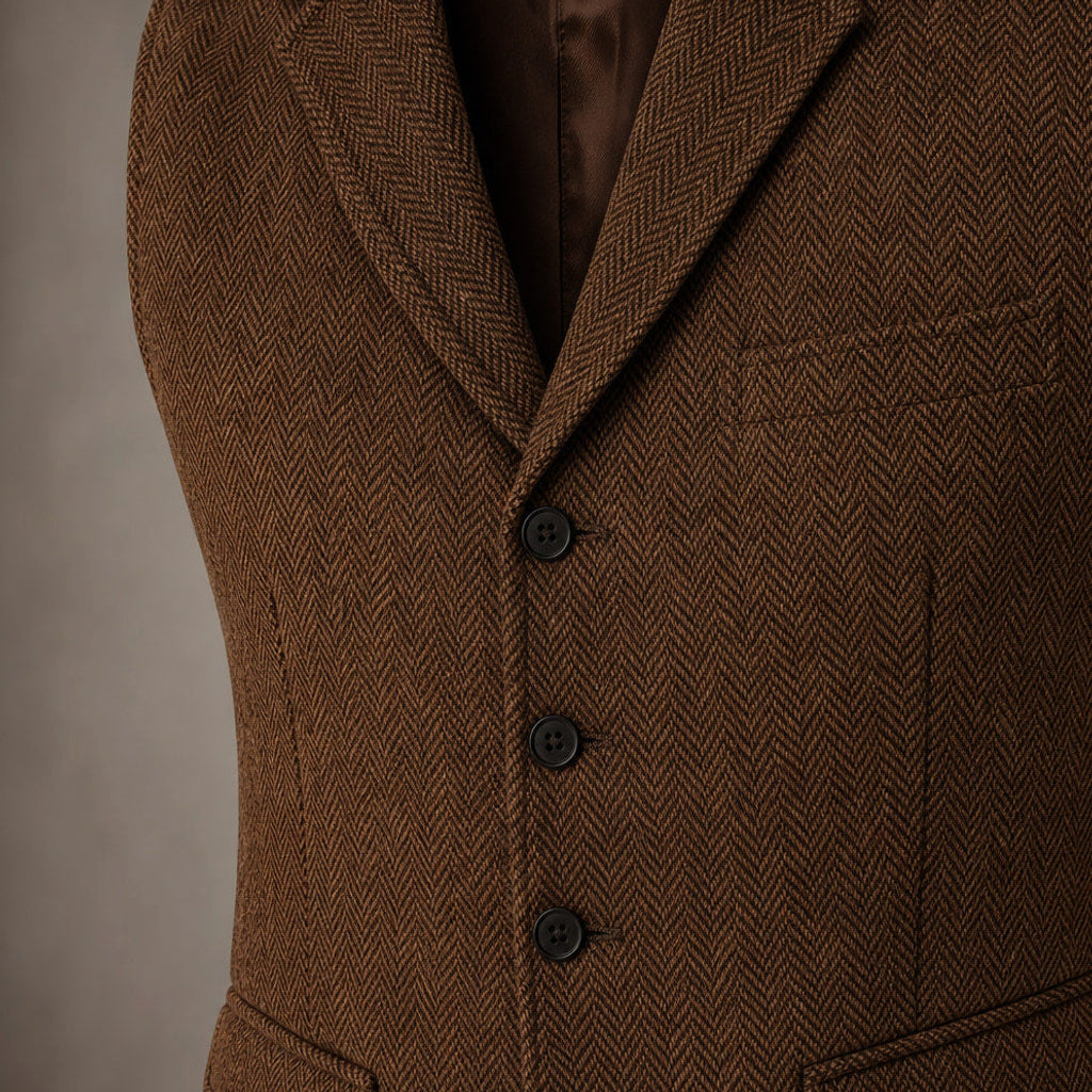 Bensor | Weste Fischgrat-Tweed Braun – Stoff- und Detailaufnahme