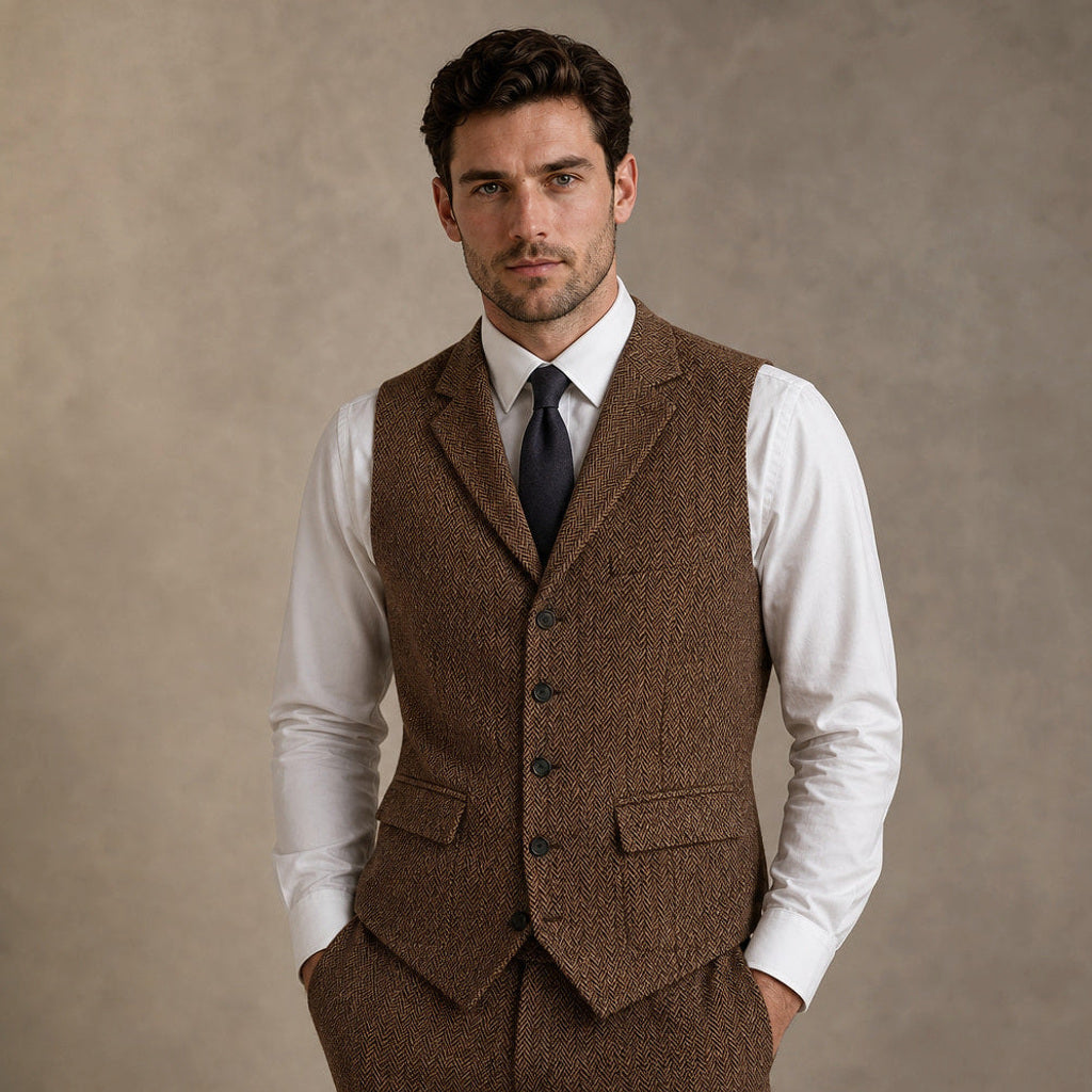 Bensor | Weste Fischgrat-Tweed Braun – Gesamtlook