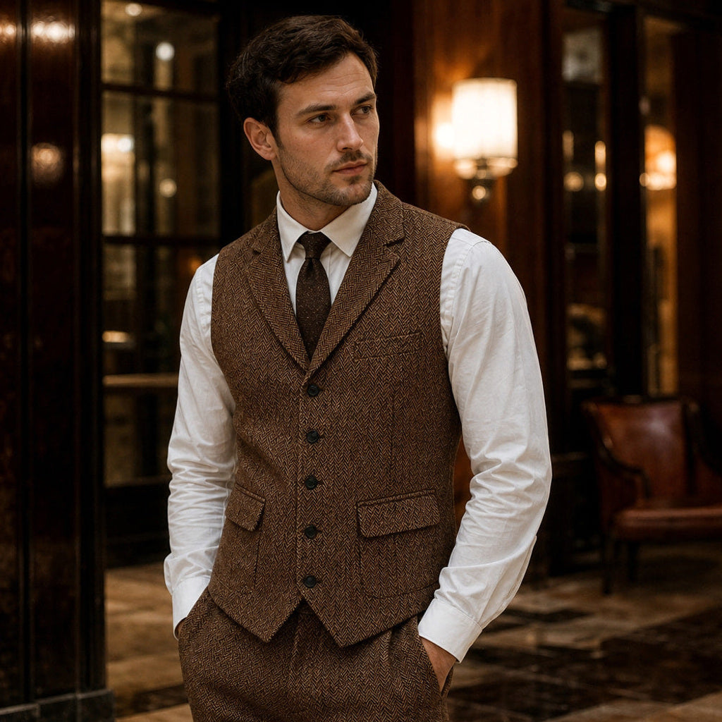 Bensor | Weste Fischgrat-Tweed Braun – Gestyltes Editorial-Foto