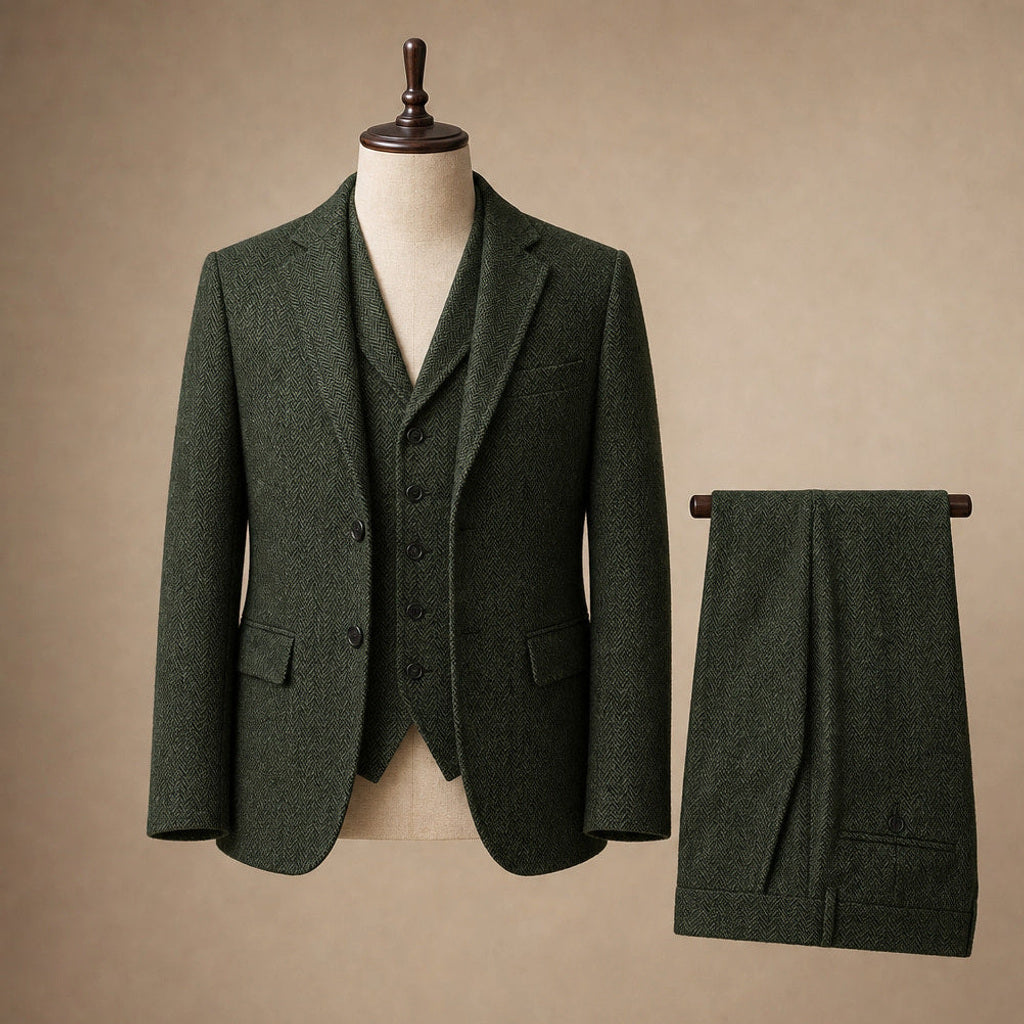 Bensor | Weste Fischgrat-Tweed Dunkelgrün – Produktfoto