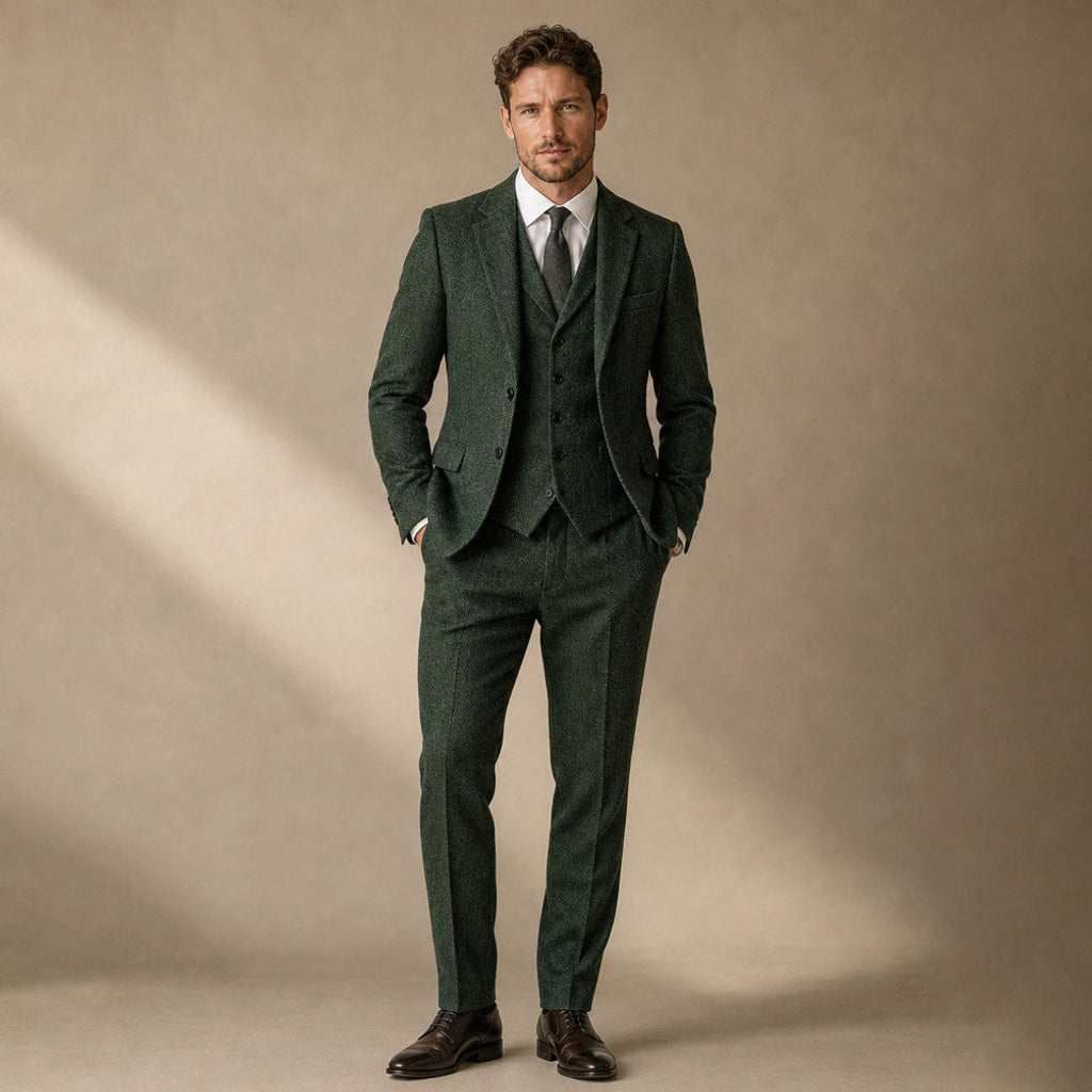 Bensor | Weste Fischgrat-Tweed in Dunkelgrün – Premium Editorial