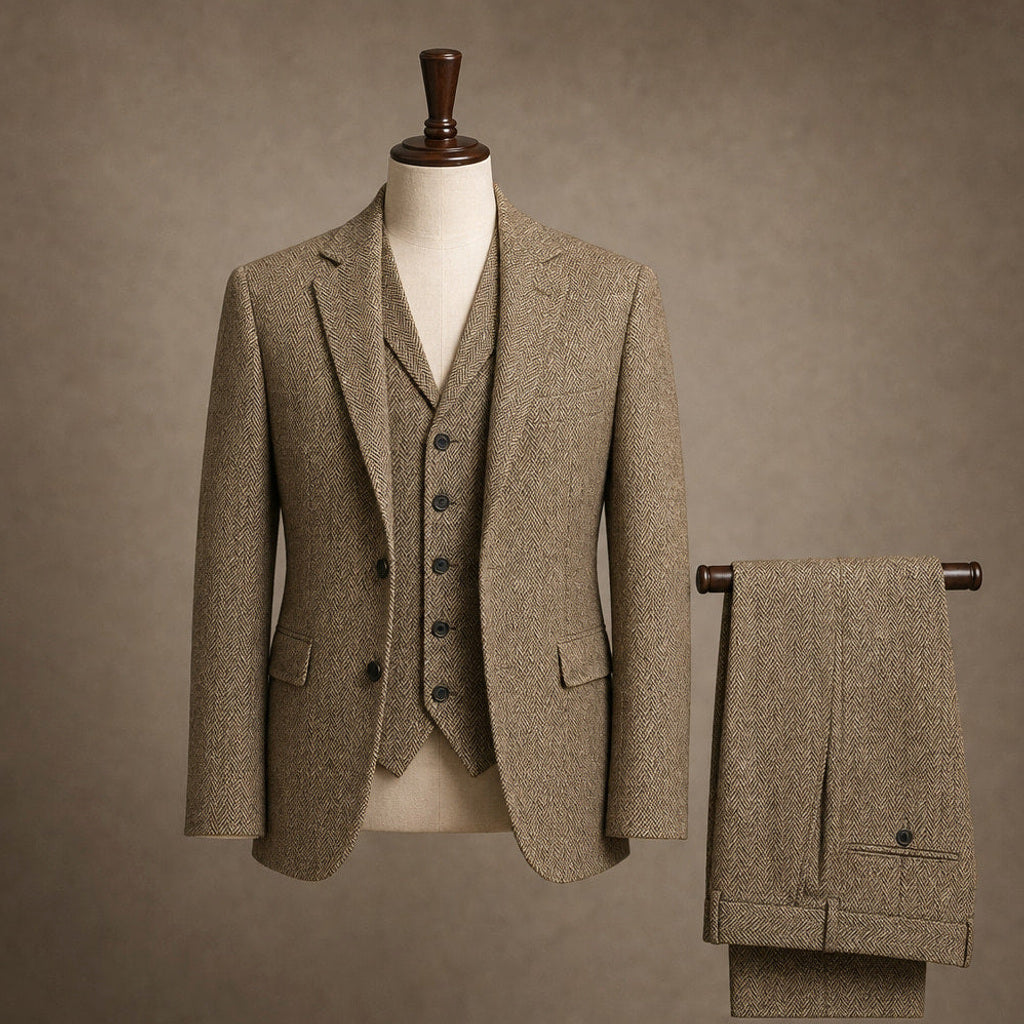 Bensor | Weste Fischgrat-Tweed Khaki – Produktfoto