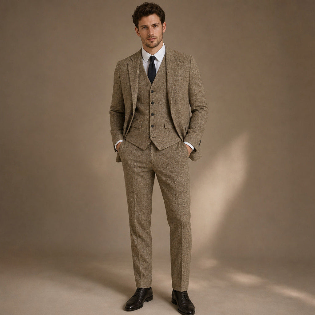 Bensor | Weste Fischgrat-Tweed in Khaki – Premium Editorial