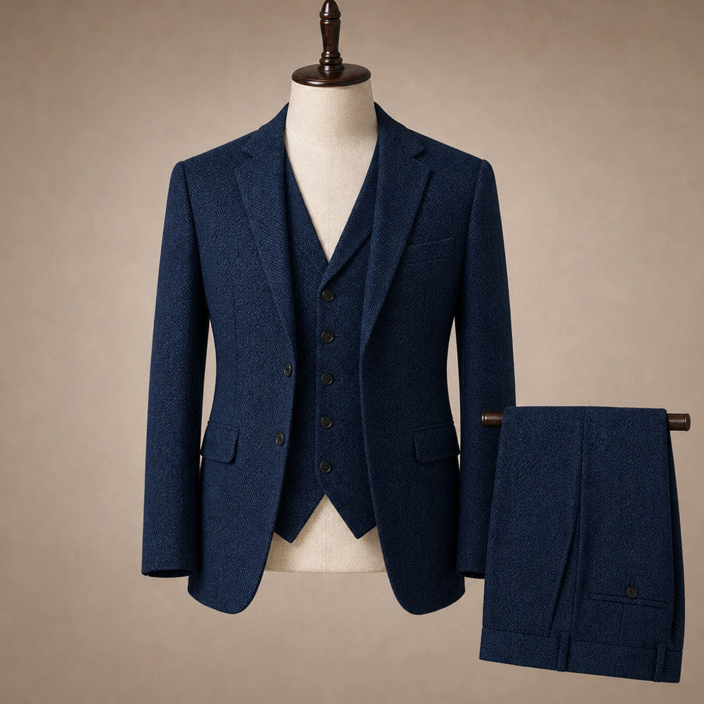 Bensor | Weste Fischgrat-Tweed Navy – Produktfoto